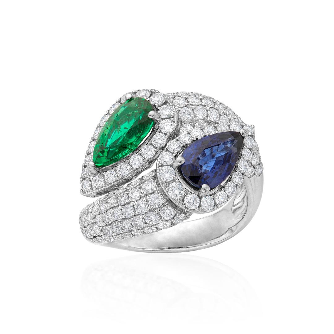 Pear Shape Emerald and Sapphire Bypass Ring with Diamonds