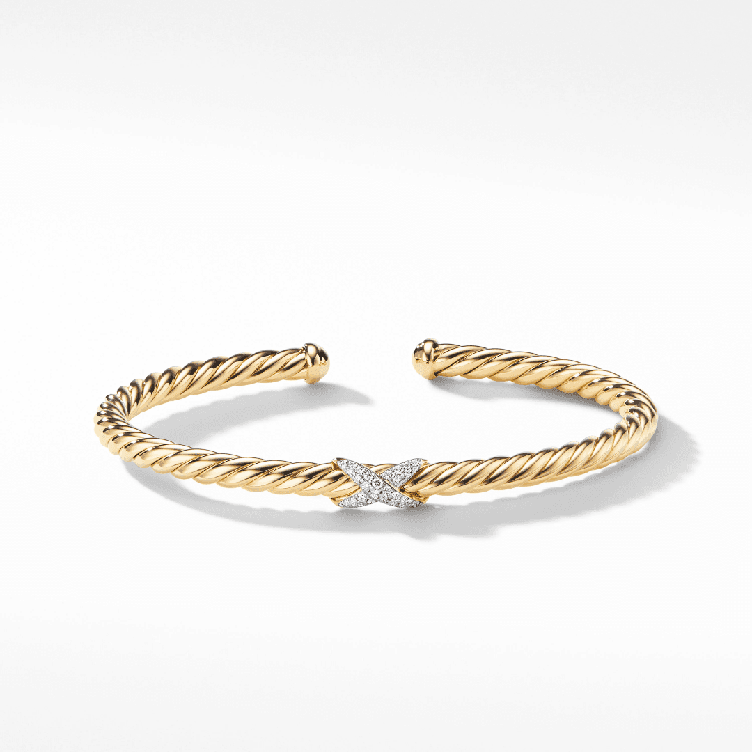 David Yurman X Cable Spiral Open Bangle in 18k Yellow Gold with Diamonds