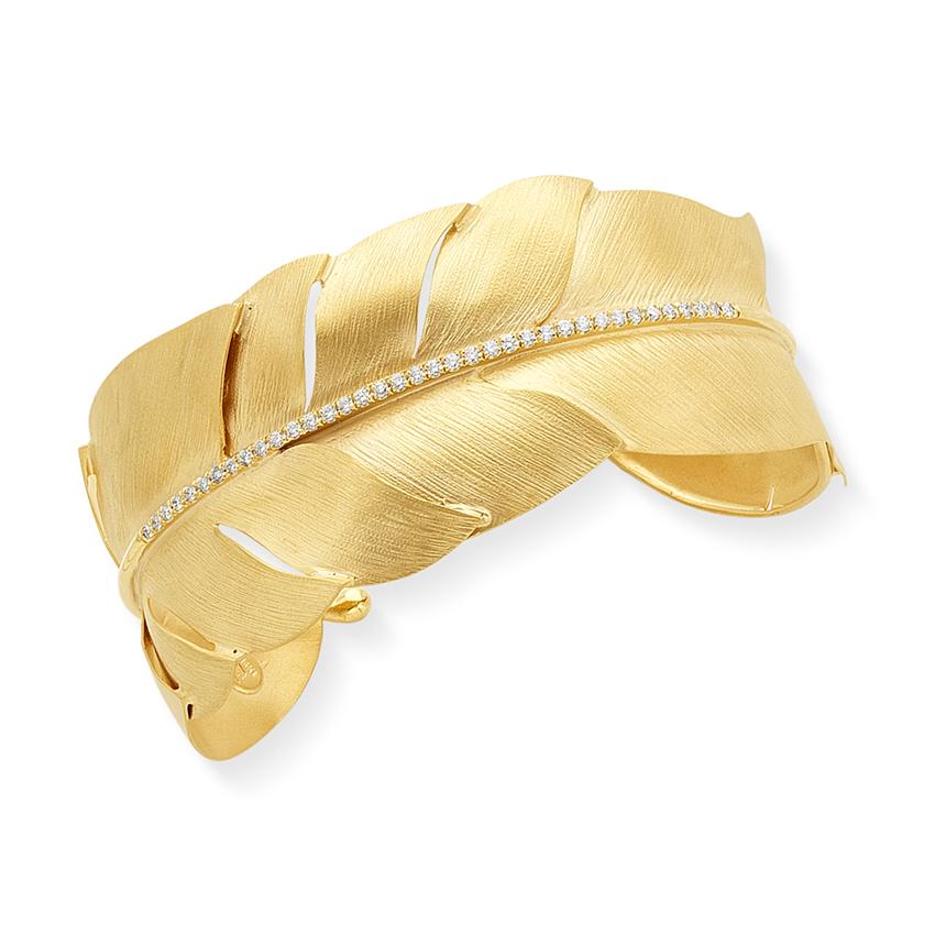 14k Yellow Gold Diamond Feather Wrap Cuff Bracelet 0