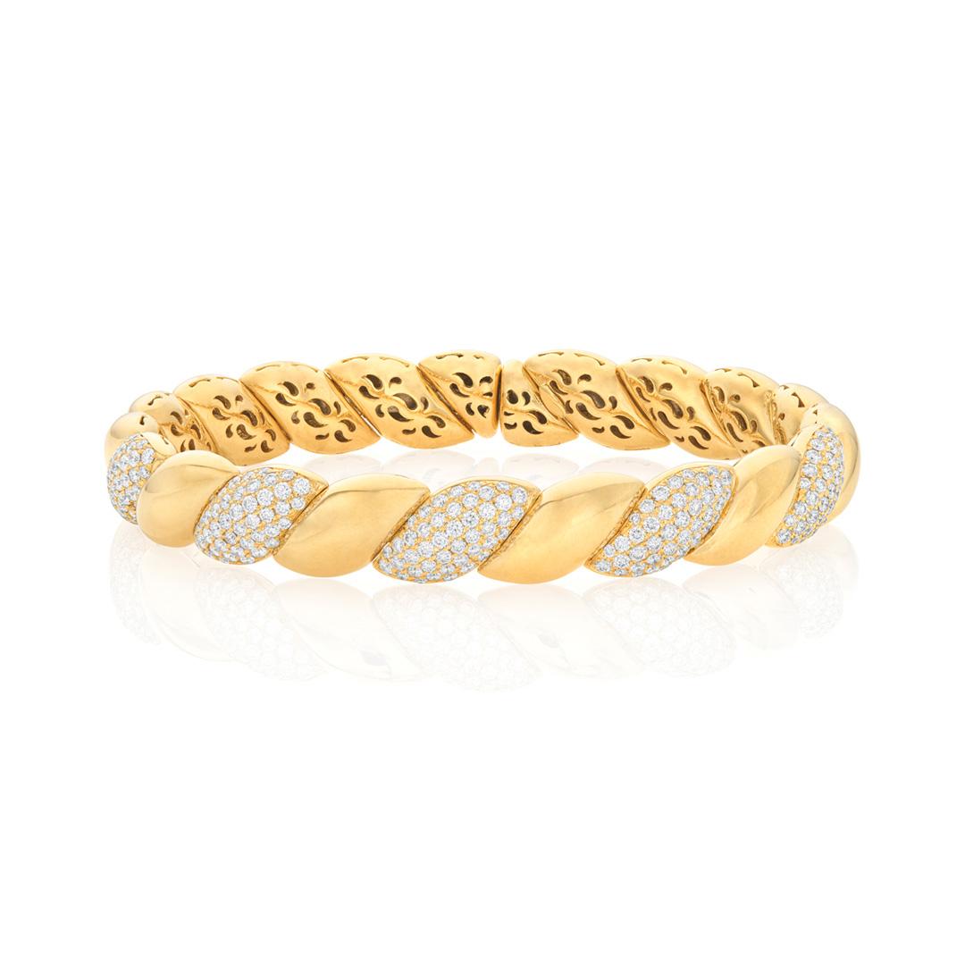 Pave Diamond 18k Yellow Gold Twisted Style Cuff Bracelet