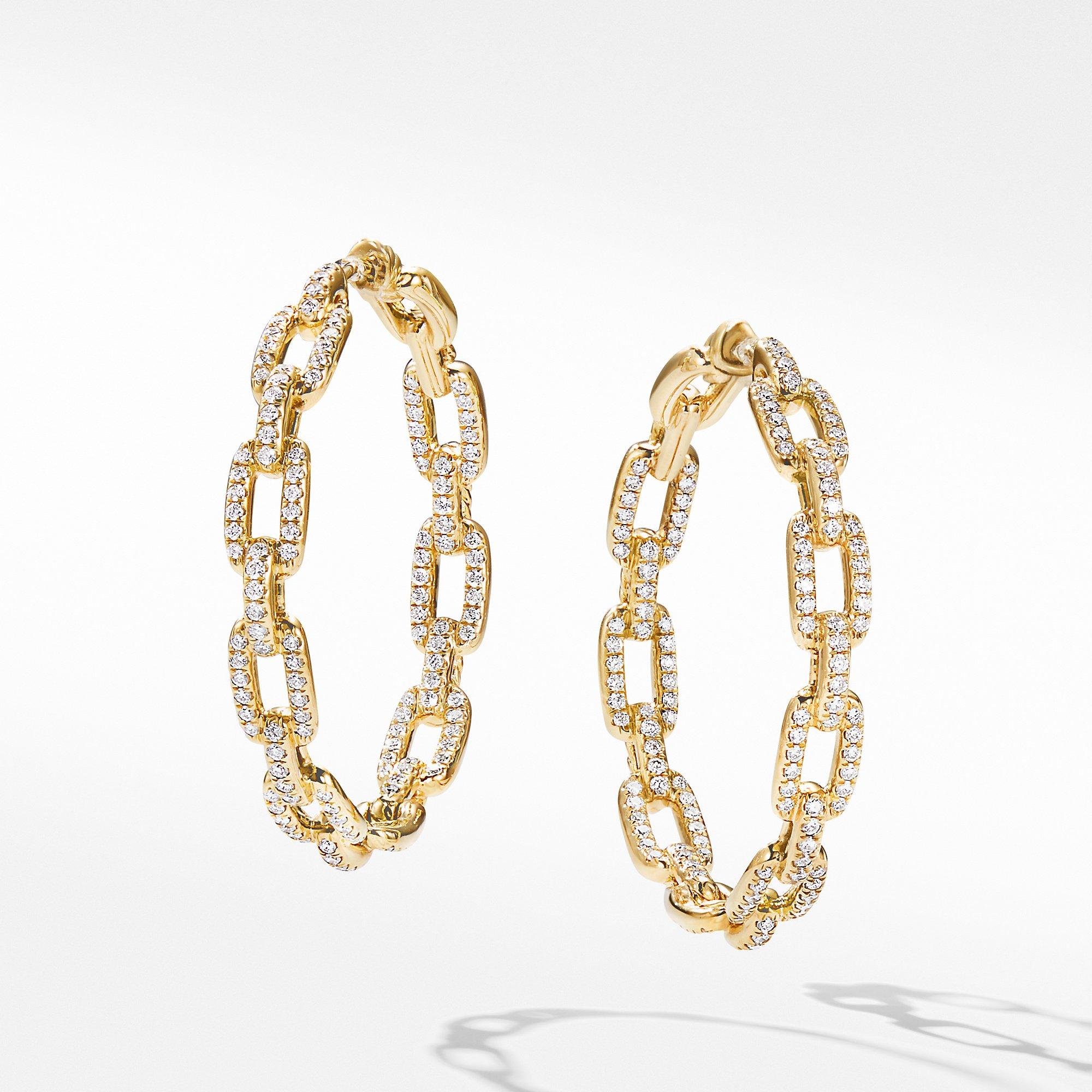 David Yurman Stax Chain Link Hoop Earrings in 18k Yellow Gold with Diamonds