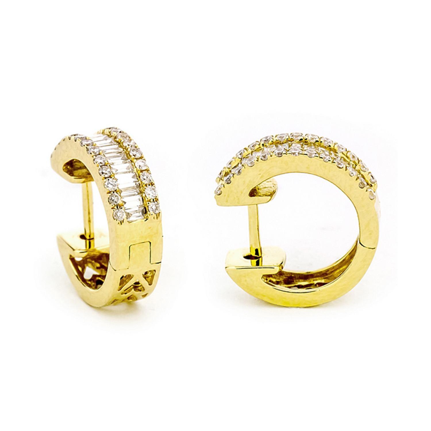 Yellow Gold Baguette & Pave Diamond Huggie Hoop Earrings 0