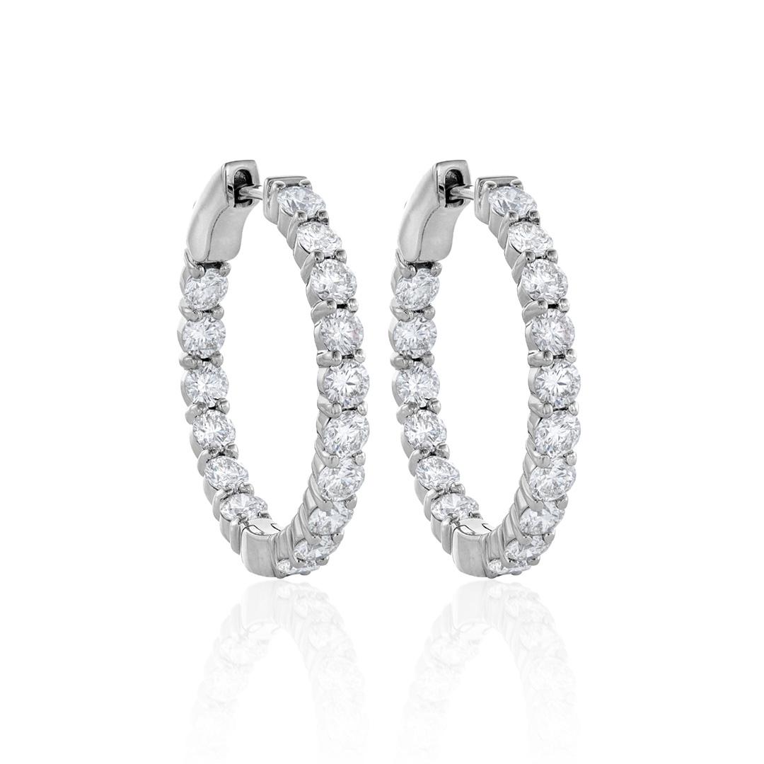Three Carat Round Diamond In Out Hoop Earrings in White Gold
