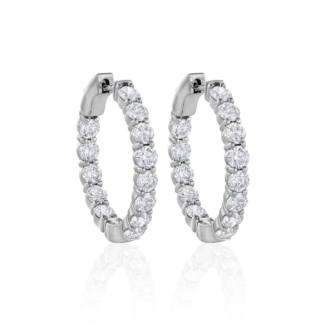 Four Carat Round Diamond In Out Hoop Earrings in White Gold