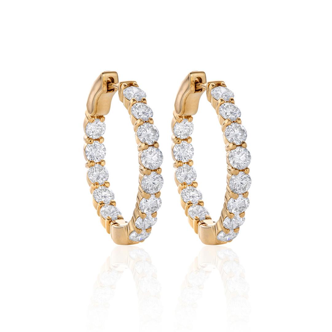 Four Carat Round Diamond In Out Hoop Earrings in Yellow Gold