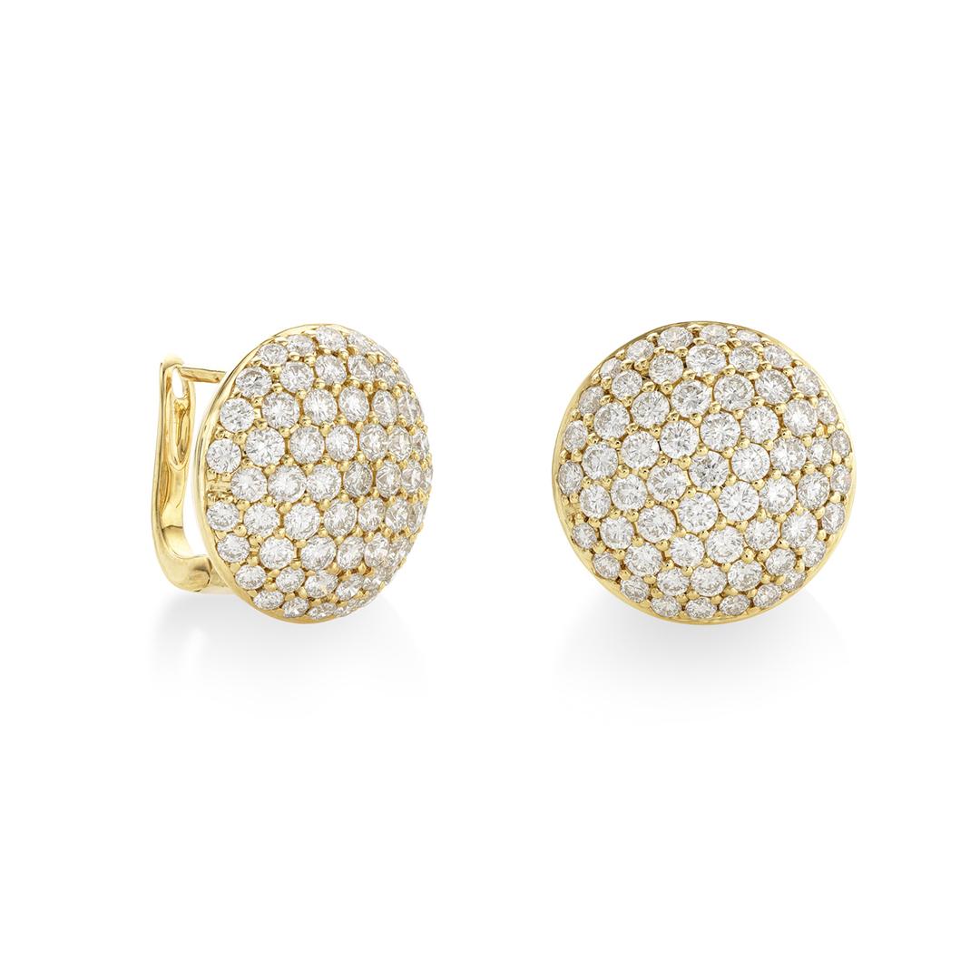 14K Yellow Gold Pave Diamond Button Earring | Front and Side View