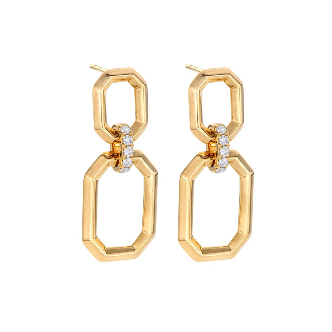 Octagonal Link Yellow Gold Diamond Dangle Earrings