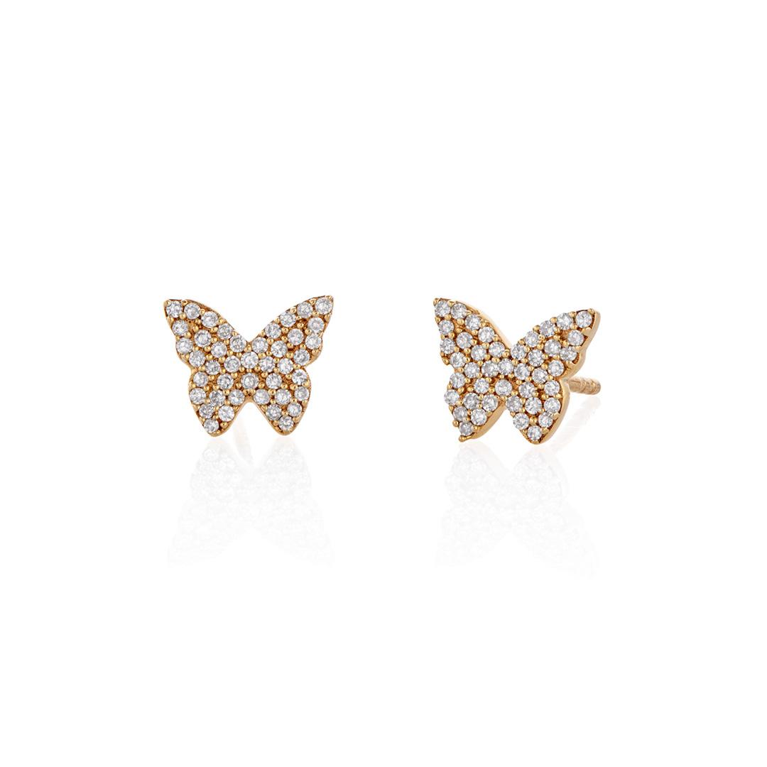 14K Yellow Gold Pave Diamond Butterfly Earrings