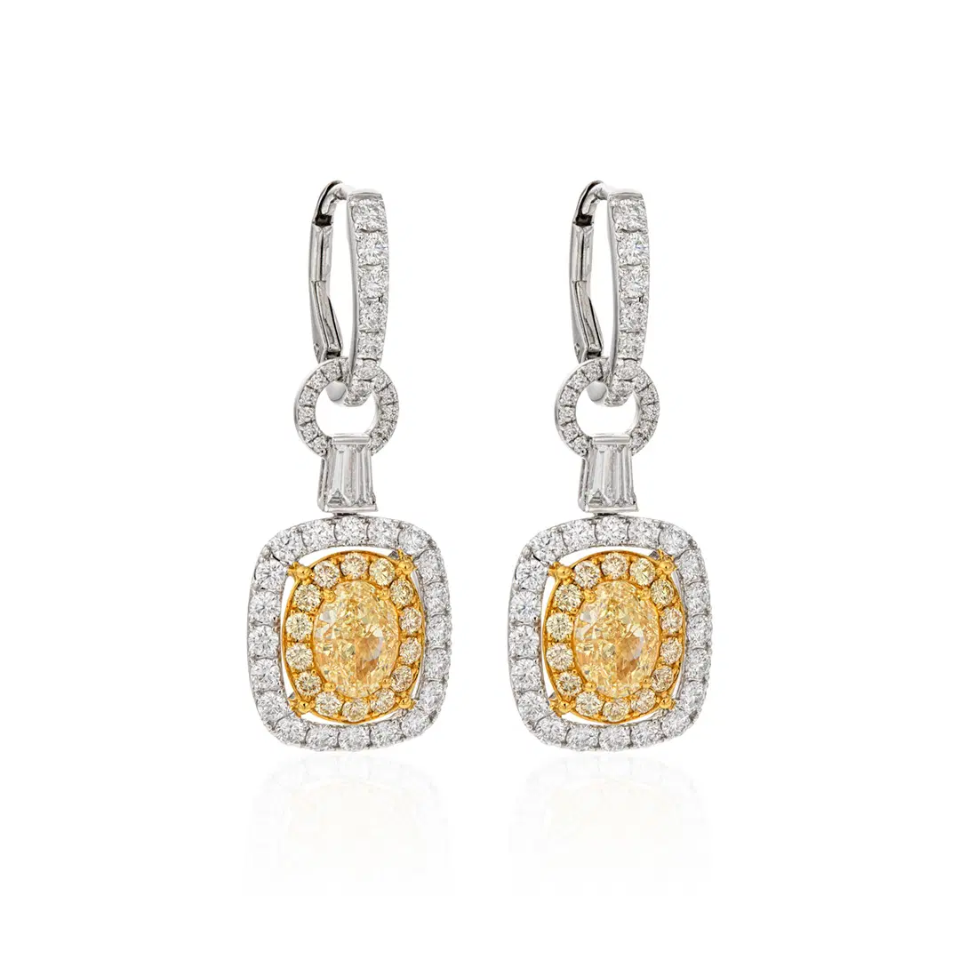 Fancy Yellow Diamond Two Tone Dangle Earrings