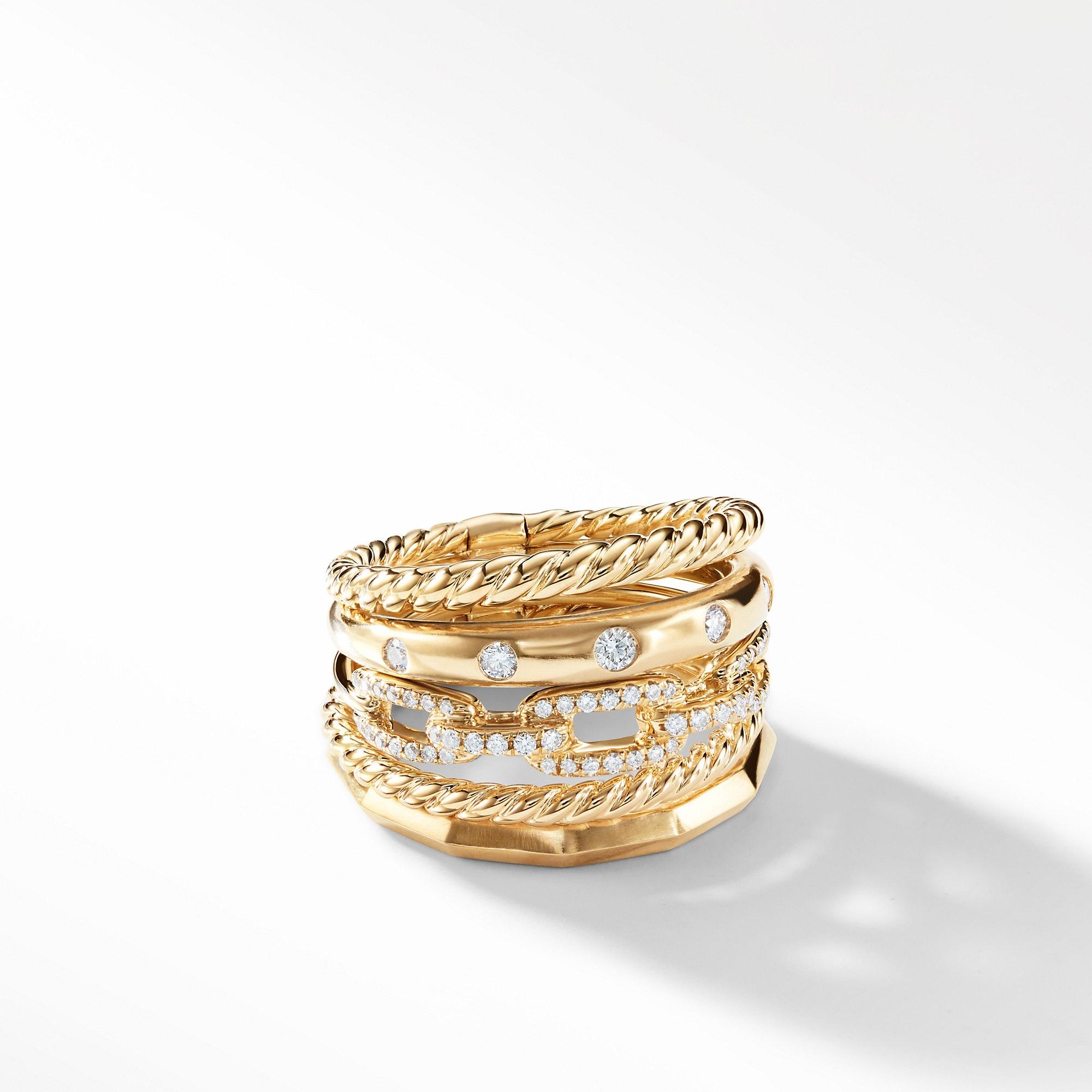 David Yurman Stax 5 Row Ring with Diamonds in 18k Yellow Gold, size 7.5