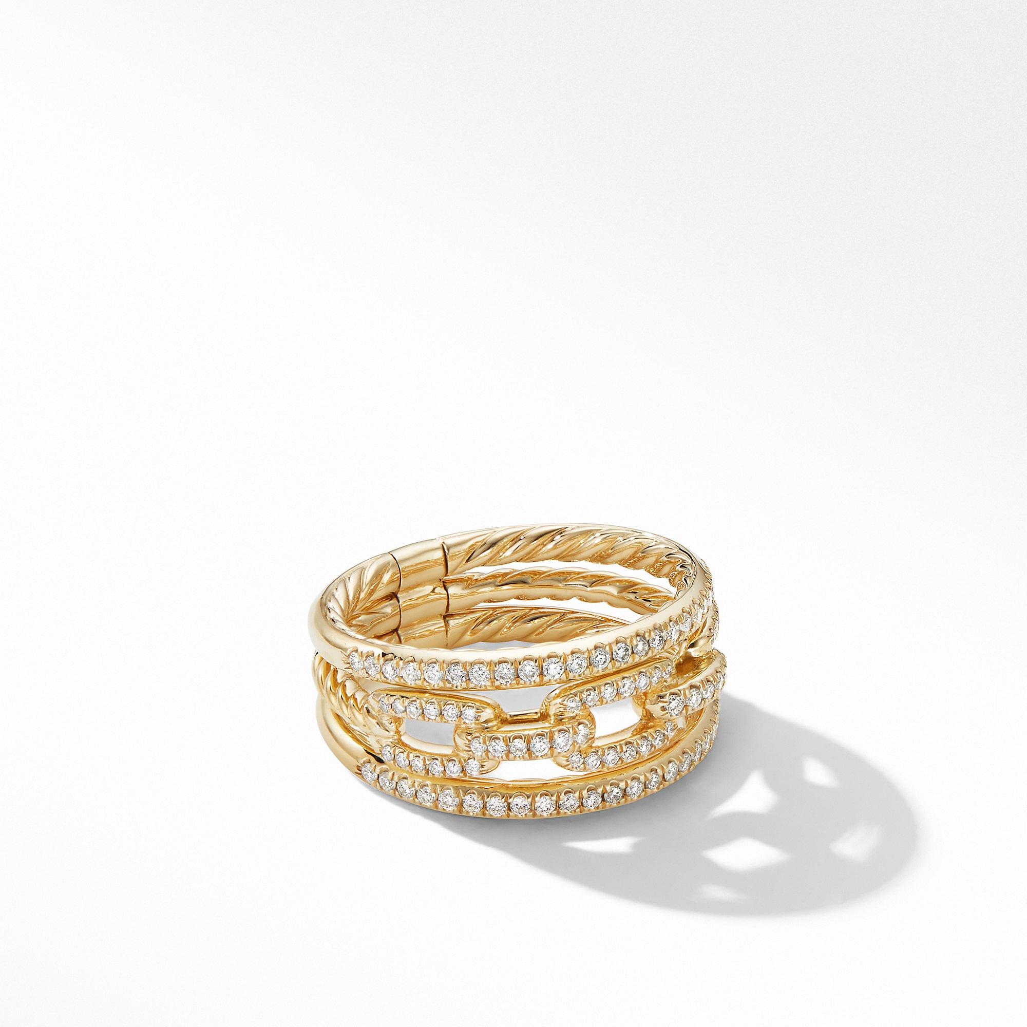 David Yurman Stax 3 Row Chain Link Ring in 18k Yellow Gold with Diamonds, size 6
