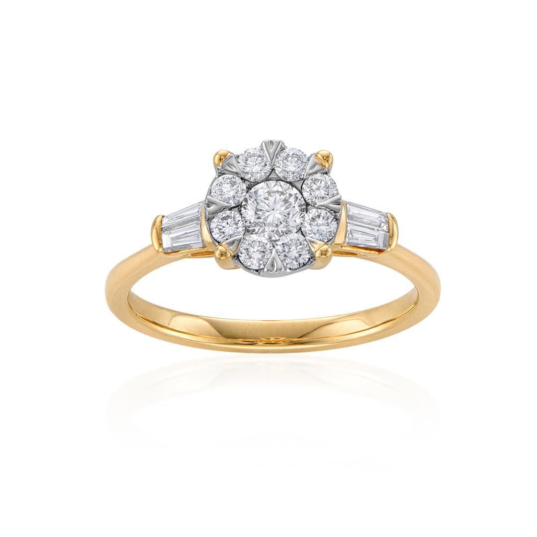 Round Cluster Yellow Gold Diamond Engagement Ring with Baguettes