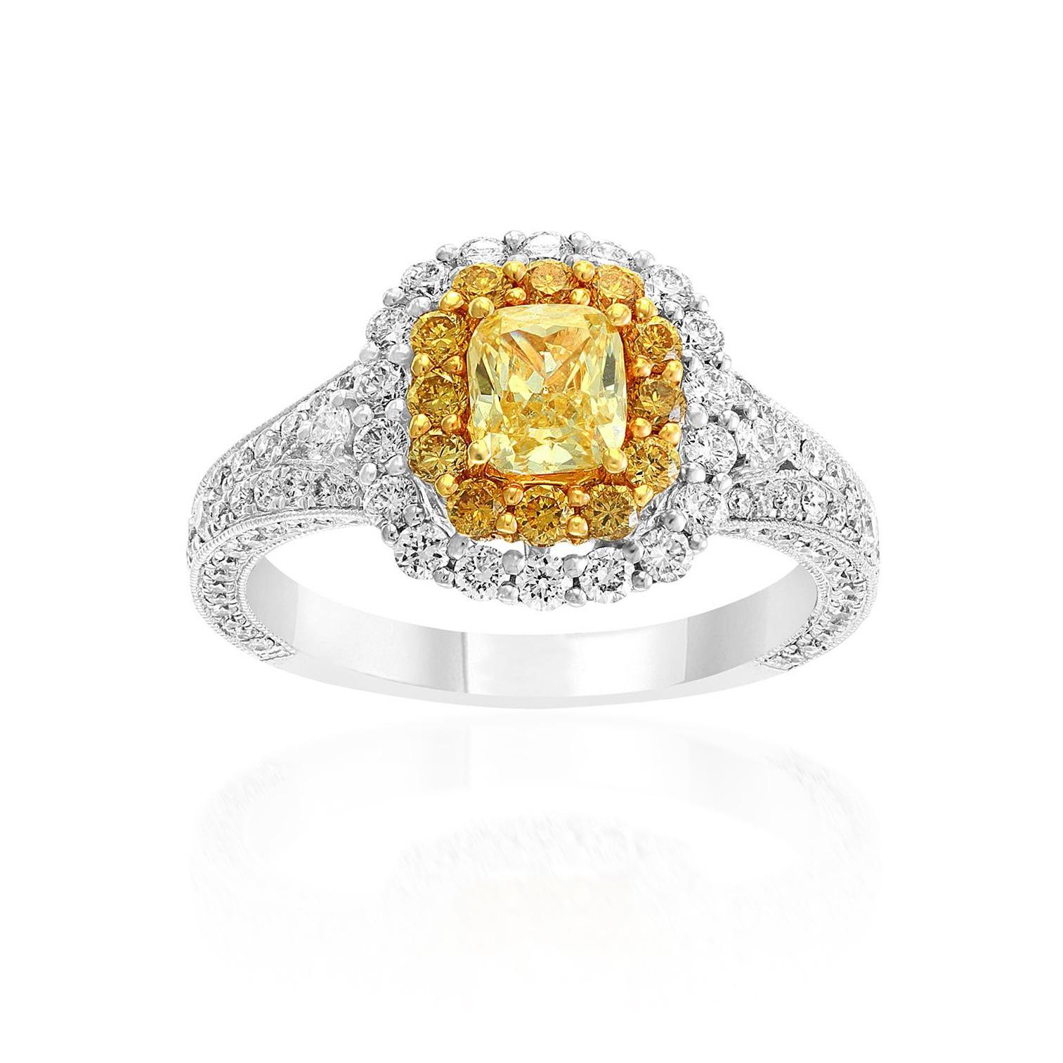 Cushion Halo Engagement Ring with 1.01 CT Fancy Yellow Center Diamond