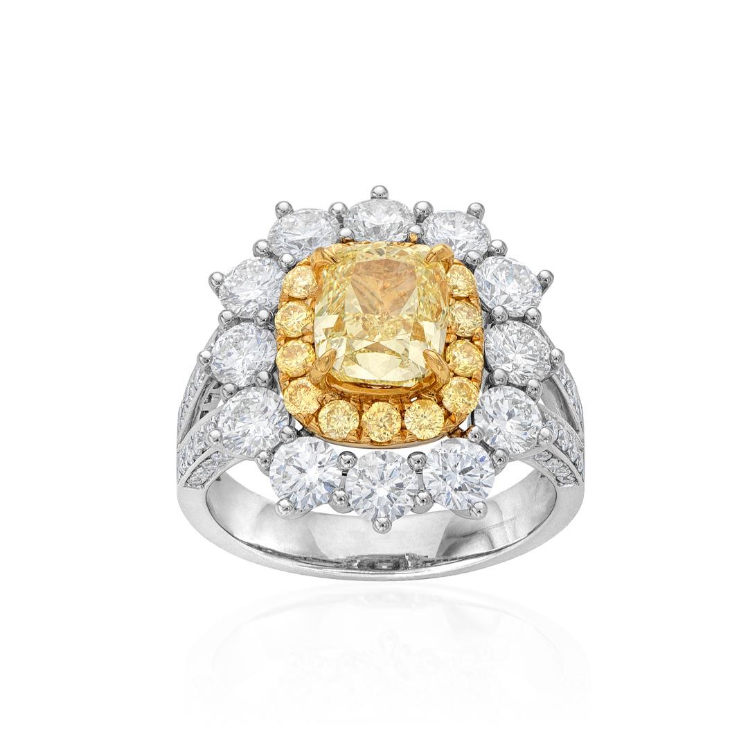 Cushion Halo Engagement Ring with 2.01 CT Fancy Yellow Center Diamond 0