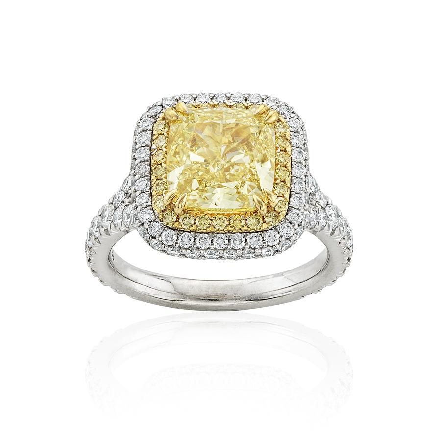 4.01 CT Cushion Cut Yellow Diamond Platinum Engagement Ring