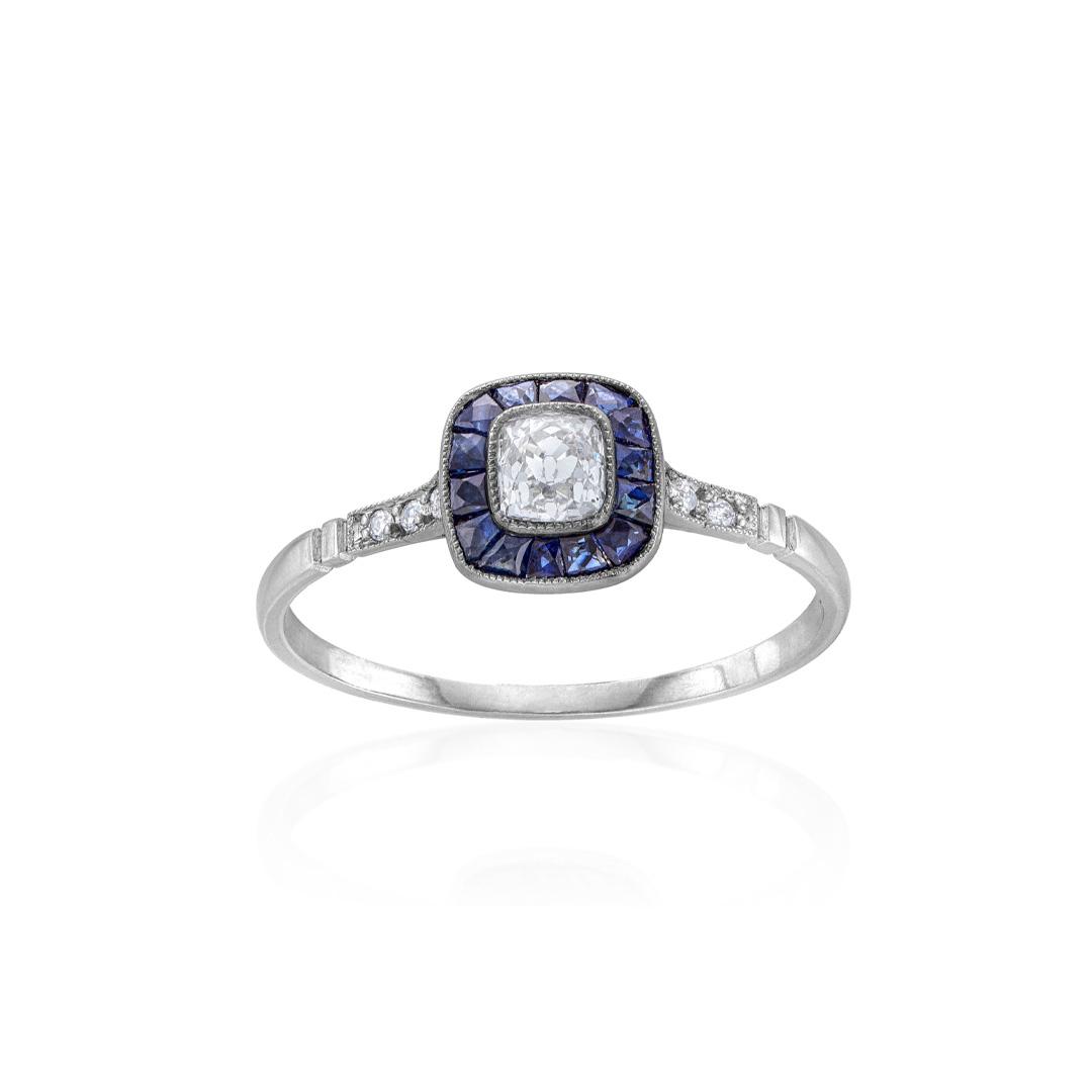 Estate Collection Sapphire and Diamond Platinum Reproduction Engagement Ring