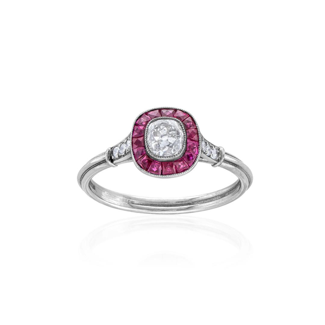 Estate Collection Ruby and Diamond Platinum Reproduction Engagement Ring