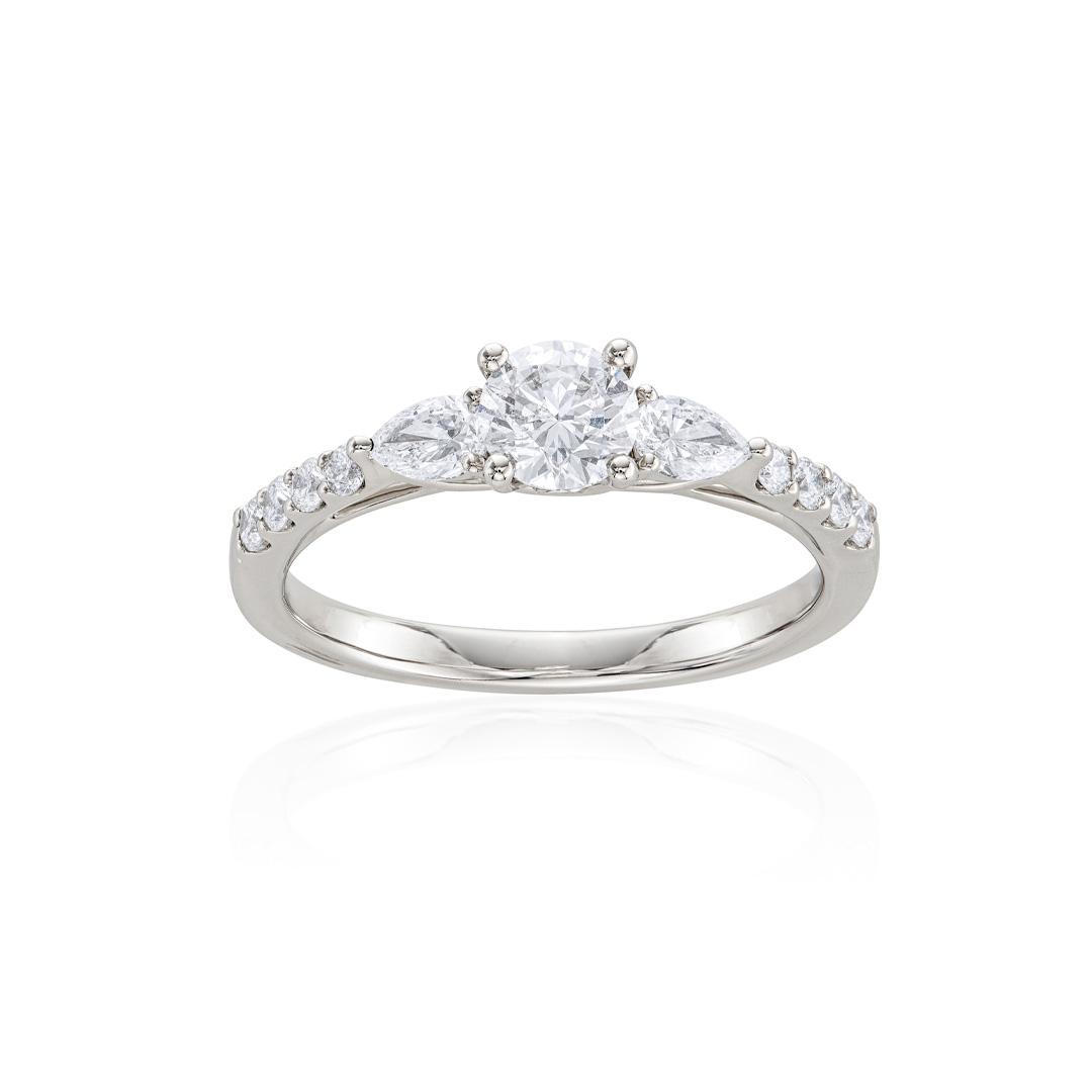 Three-Stone Round and Pear Shape White Gold Engagement Ring