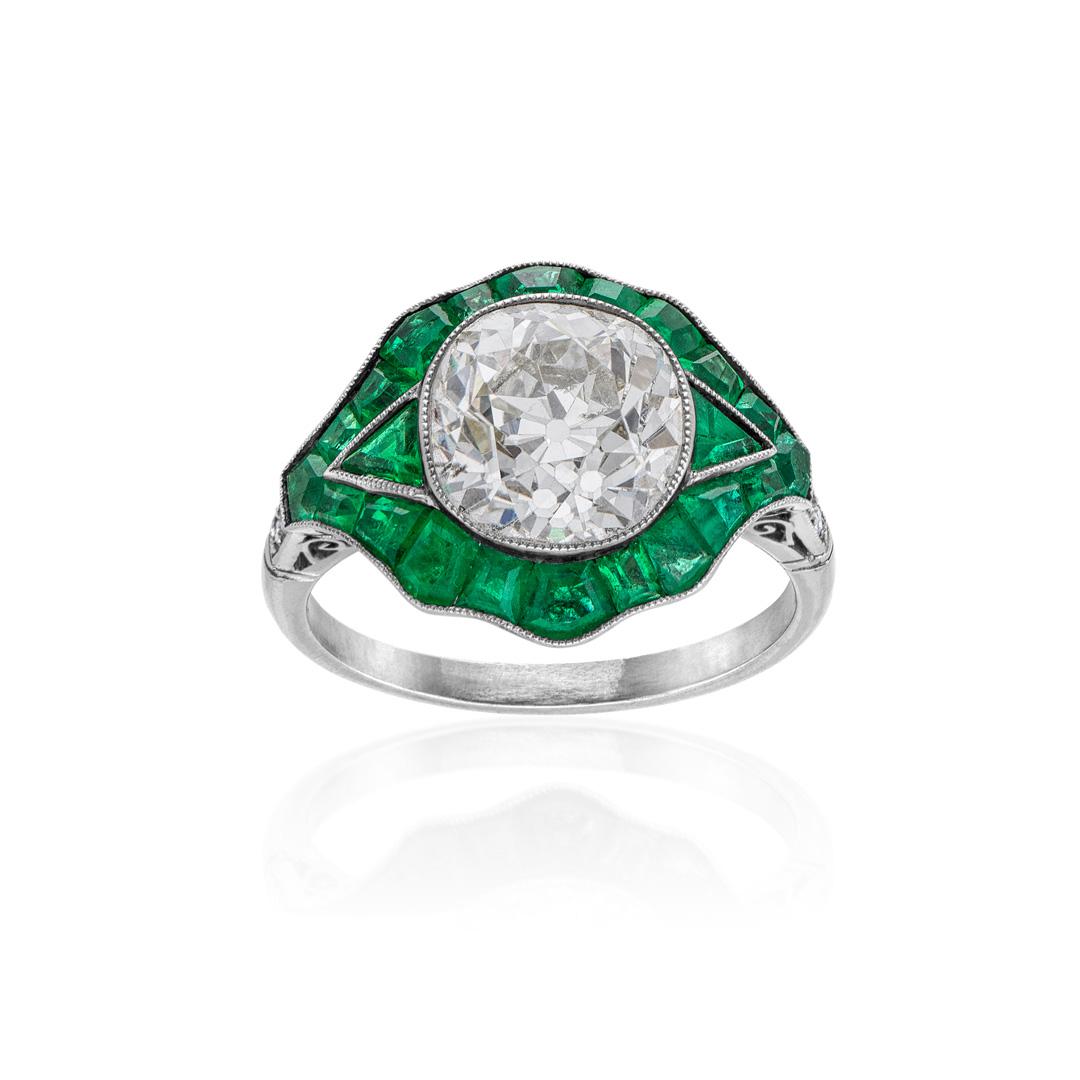 Estate Collection Emerald and Diamond Reproduction Platinum Engagement Ring