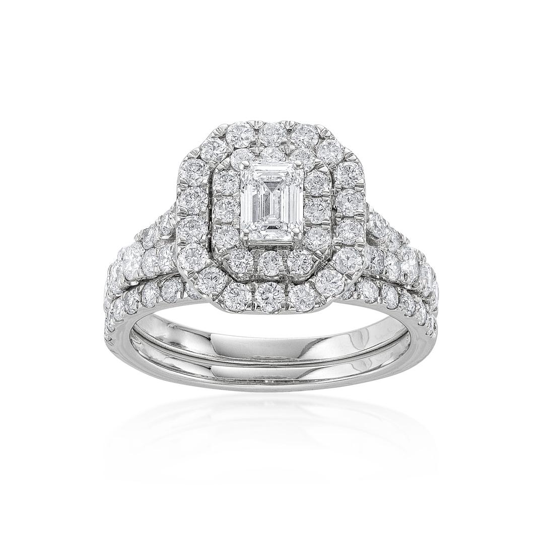 2.00 CTW Emerald Cut Diamond Bridal Ring Set with Octagonal Diamond Halos