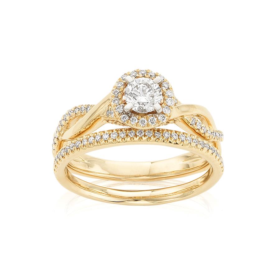 Twisted Style Round Diamond Halo Engagement Ring and Wedding Band Set