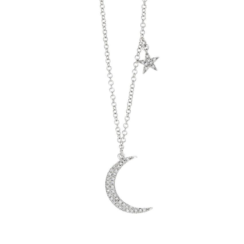 White Gold & Diamond Moon & Star Pendant Necklace