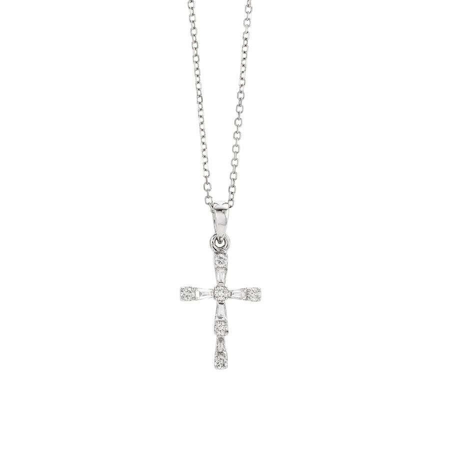 Baguette and Round Diamond Cross Necklace