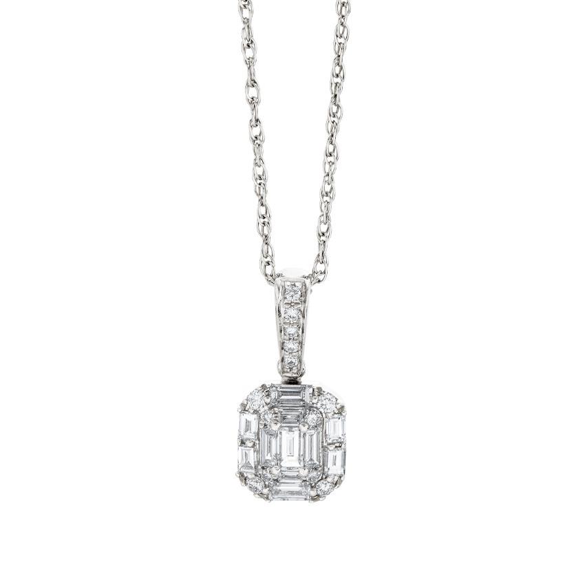 White Gold Baguette & Round Diamond Cluster Pendant Necklace