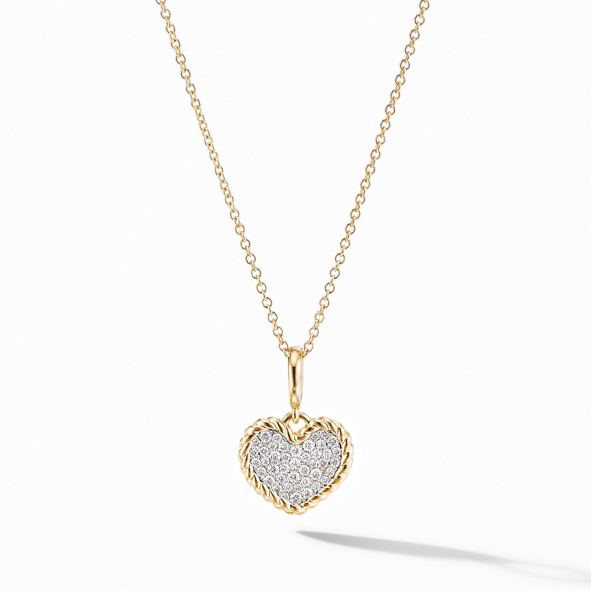David Yurman Cable Collectibles Pave Plate Heart Charm Necklace in 18k Yellow Gold