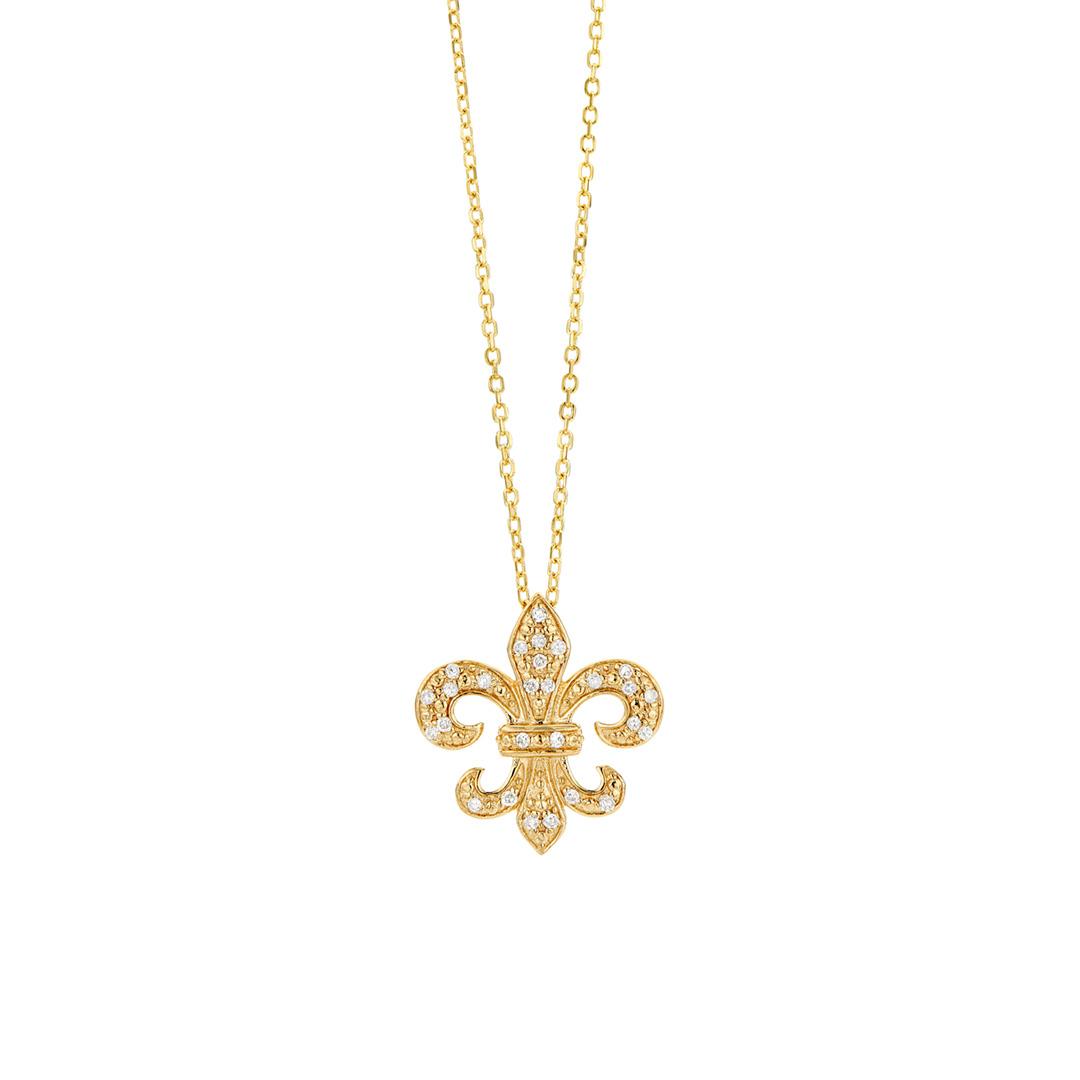 14k Yellow Gold Fleur de Lis Pendant Necklace with Diamonds 0