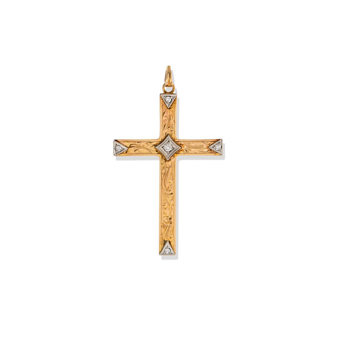 Estate Collection 1930s Engraved Diamond Cross Pendant