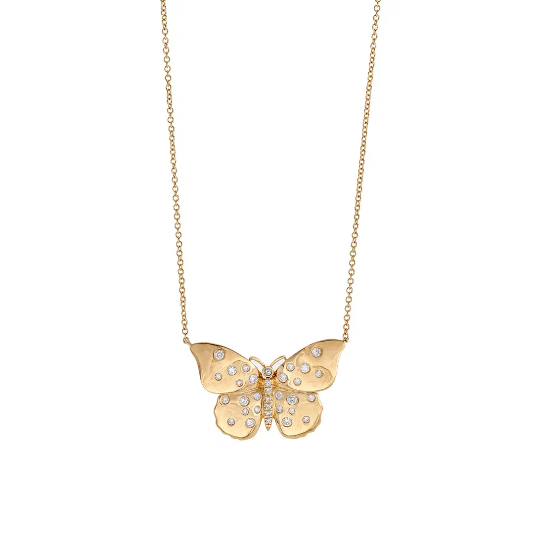 Scattered Diamond Yellow Gold Butterfly Necklace