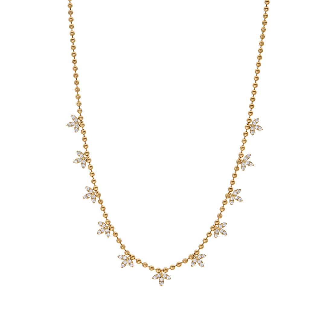 Diamond Leaf Dangle Beaded Yellow Gold Necklace