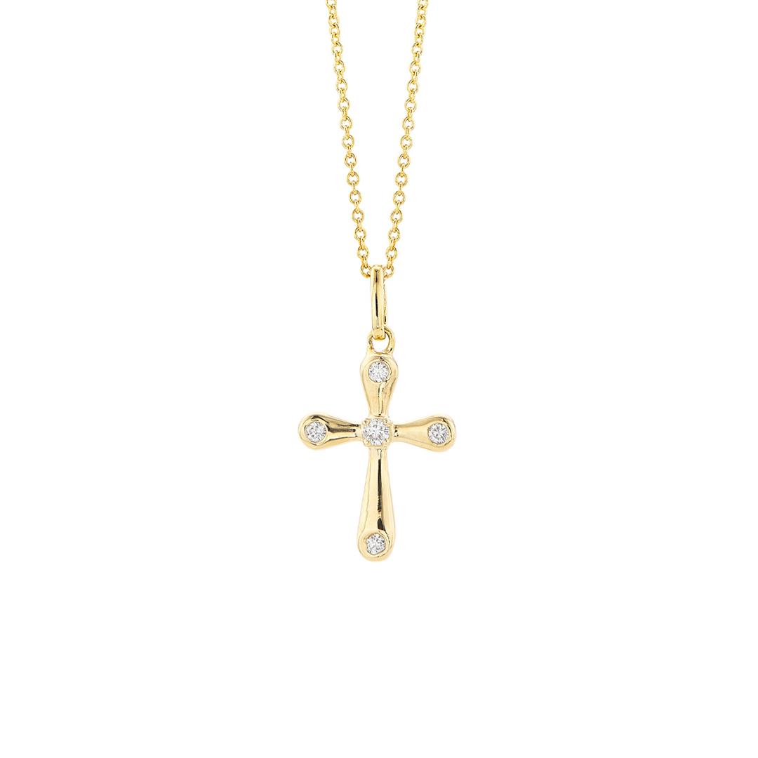 Yellow Gold Cross Pendant Necklace with Bezel Set Diamonds