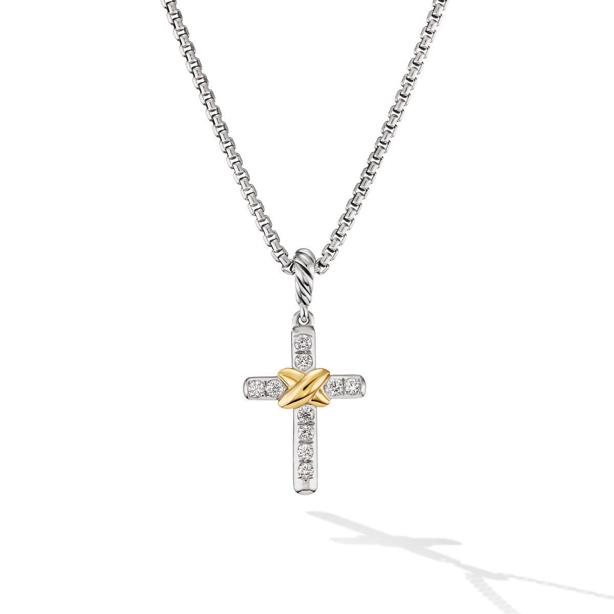 David Yurman Petite Cross Necklace in Sterling Silver and 18K Yellow Gold with Diamonds 0