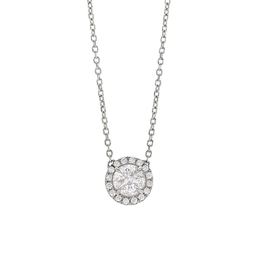 Half Carat Round Diamond Halo Pendant Necklace in White Gold