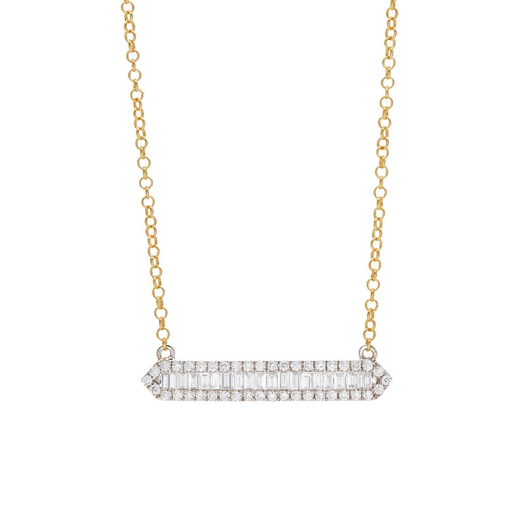 Yellow Gold Bar Necklace with Round and Baguette Diamonds