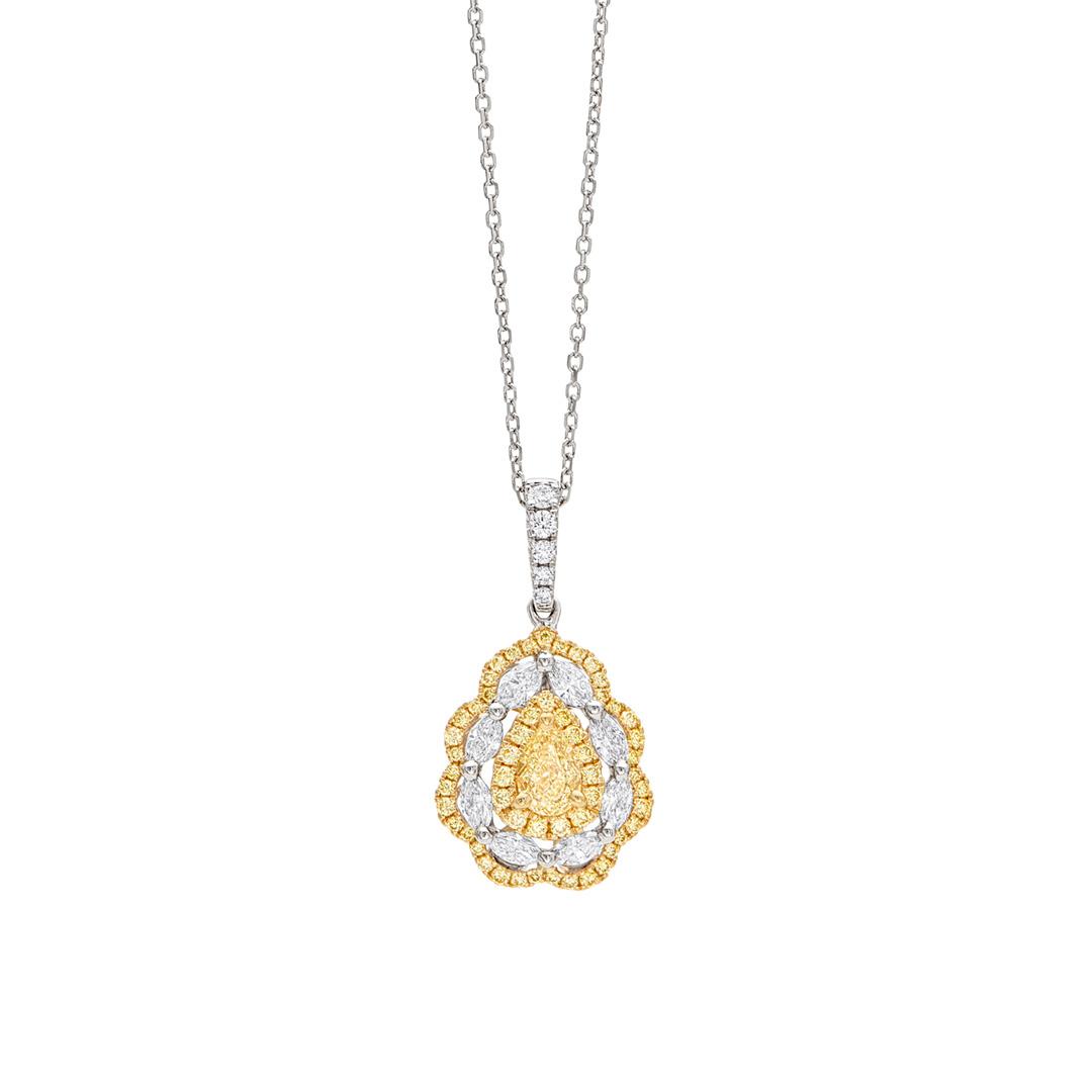 Scalloped Pear Shaped Pendant Necklace with White and Yellow Diamonds