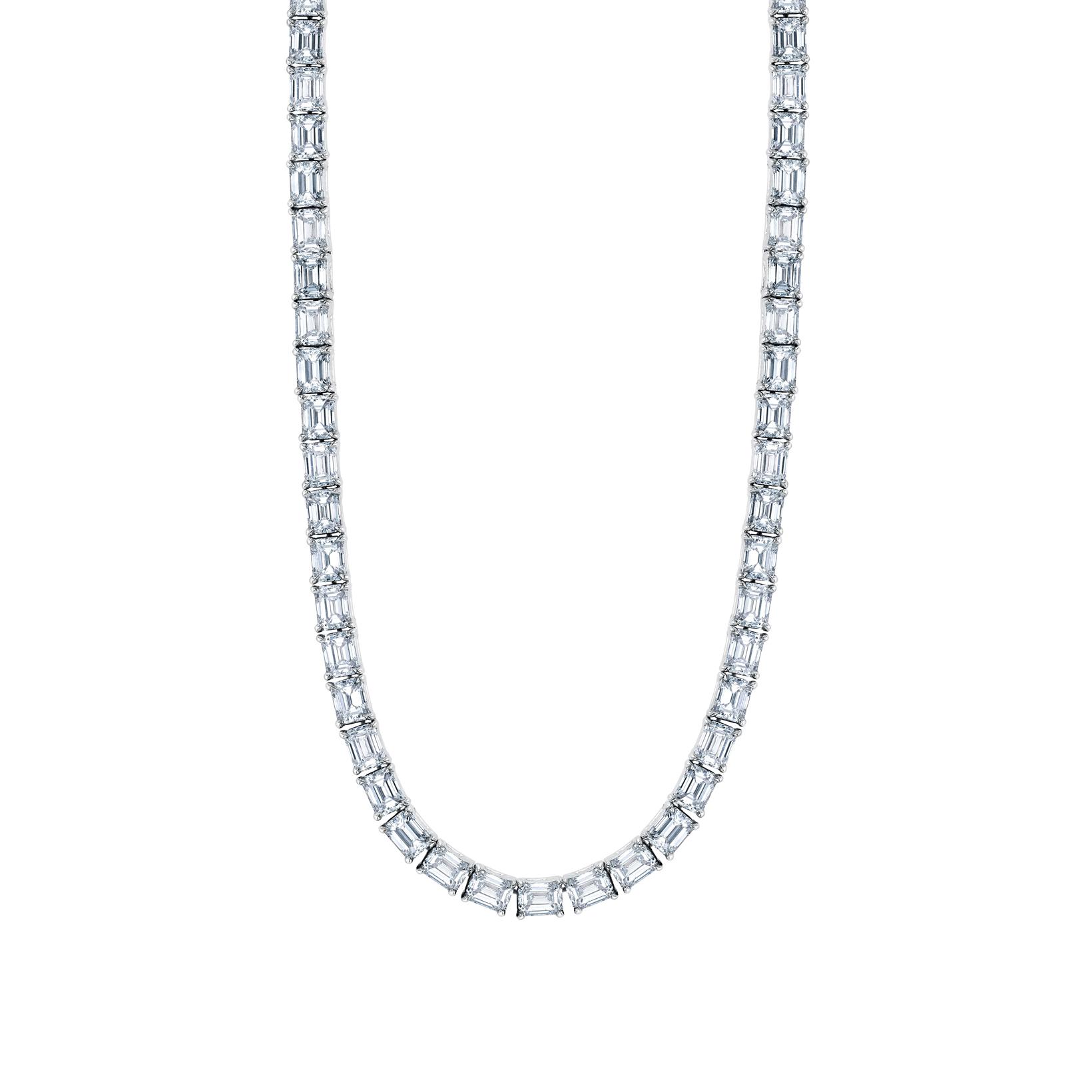 Tennis Necklace with Emerald Cut Diamonds in Platinum