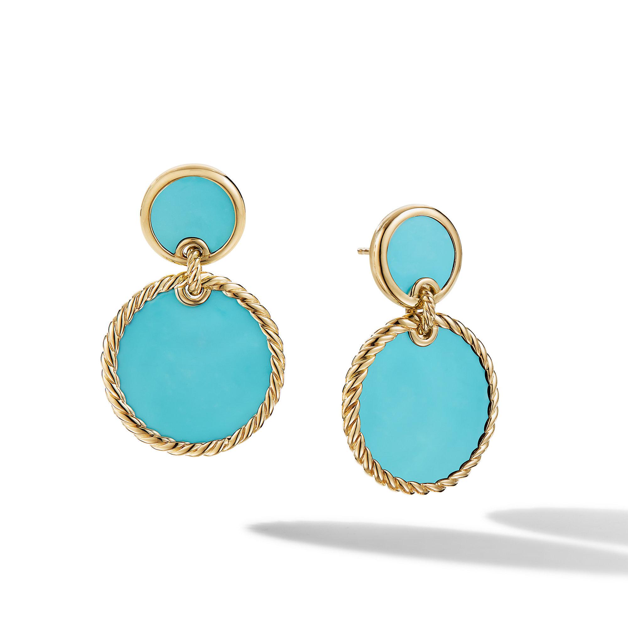 David Yurman DY Elements Double Drop Earrings in 18k Yellow Gold with Turquoise