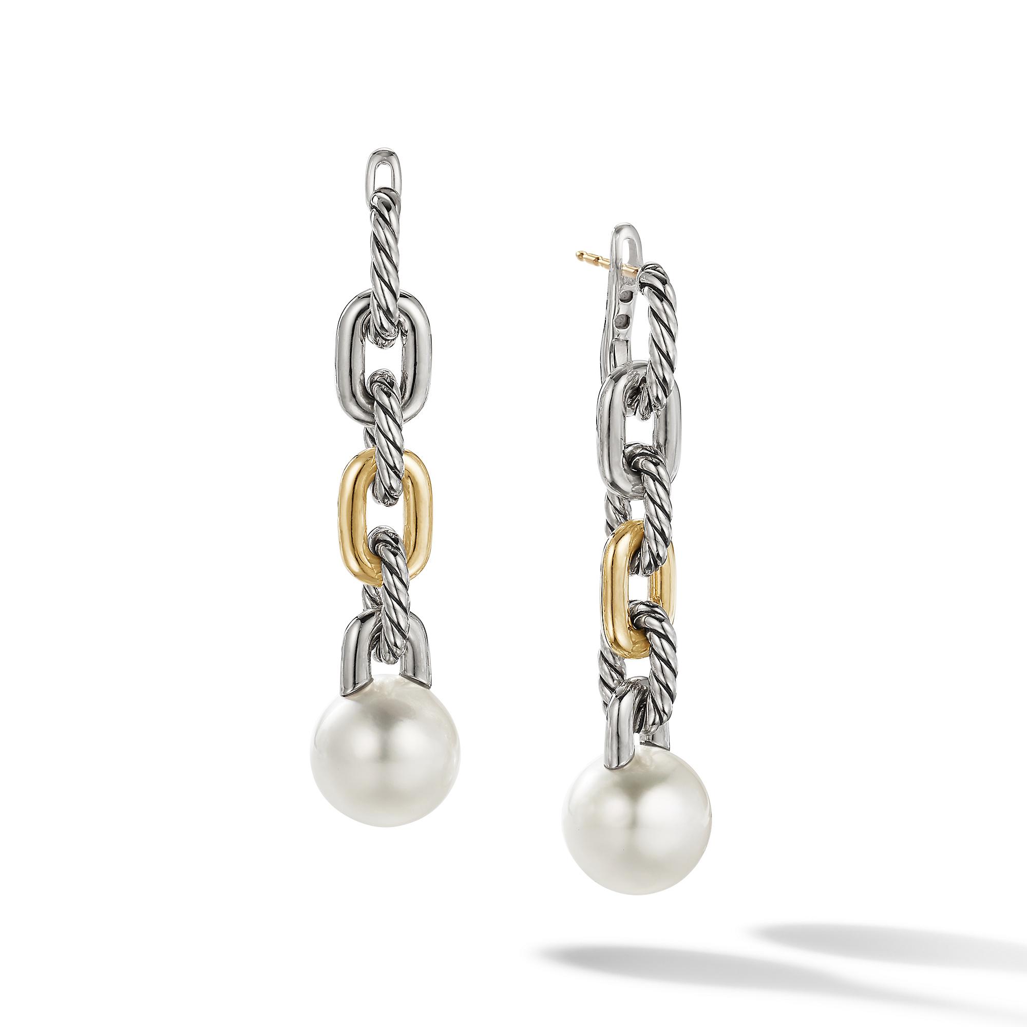David Yurman DY Madison Pearl Two Link Chain Drop Earrings with Yellow Gold
