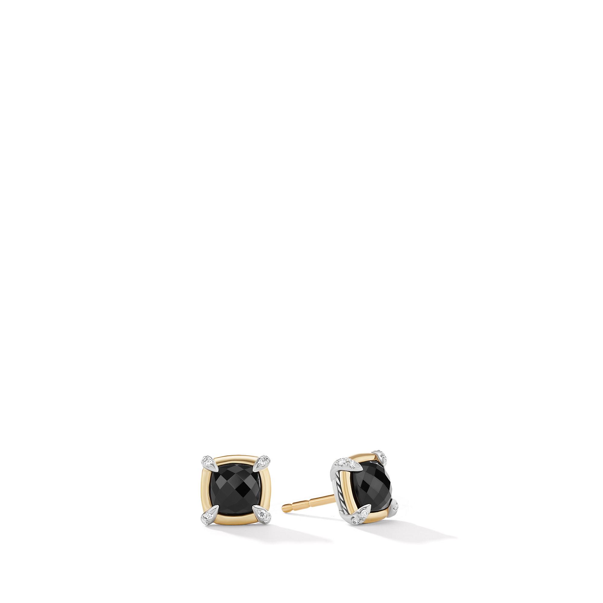 David Yurman Petite Chatelaine Stud Earrings with Black Onyx in 18k Yellow Gold Bezel with Diamonds