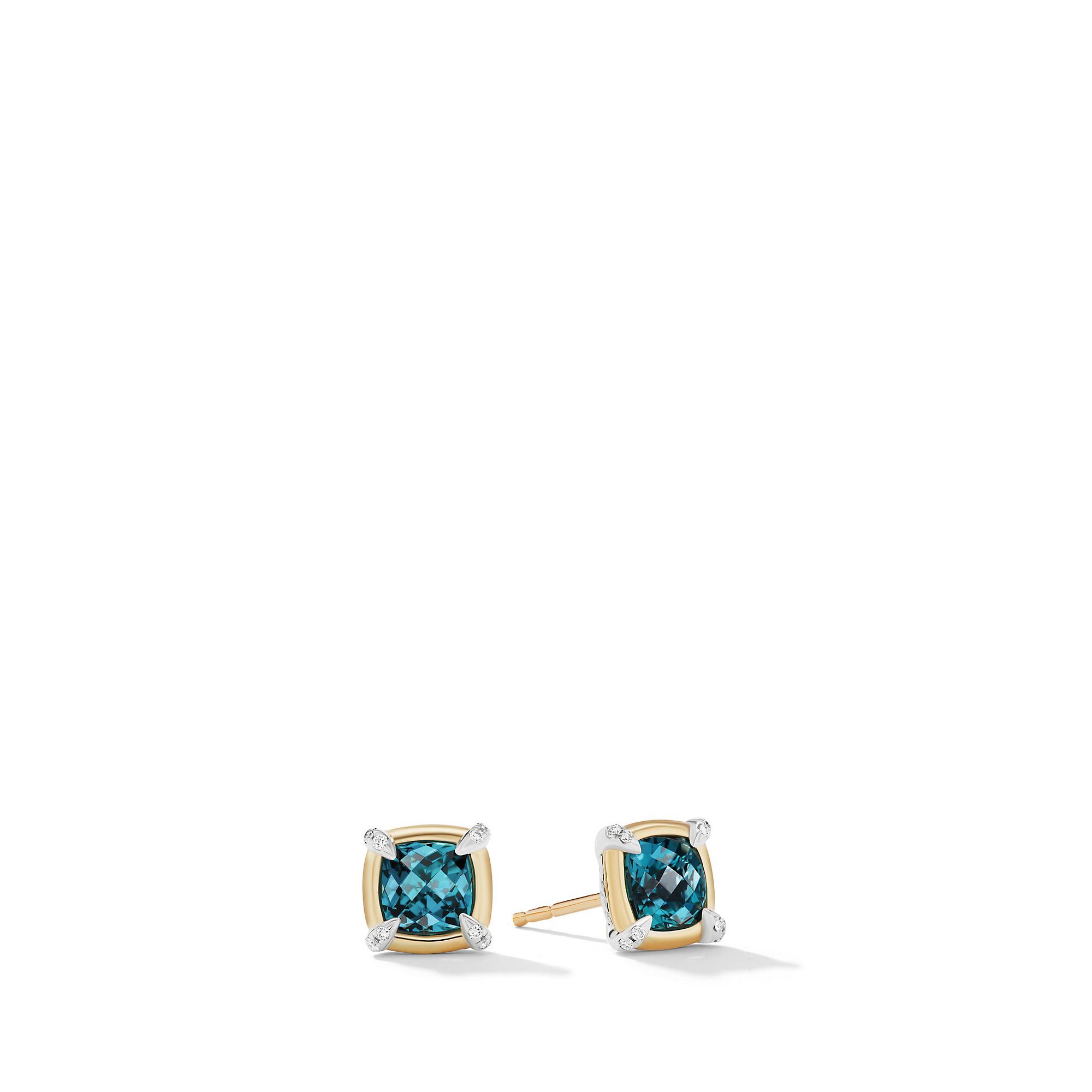 David Yurman Petite Chatelaine Stud Earrings with Hampton Blue Topaz in 18k Yellow Gold Bezel with Diamonds