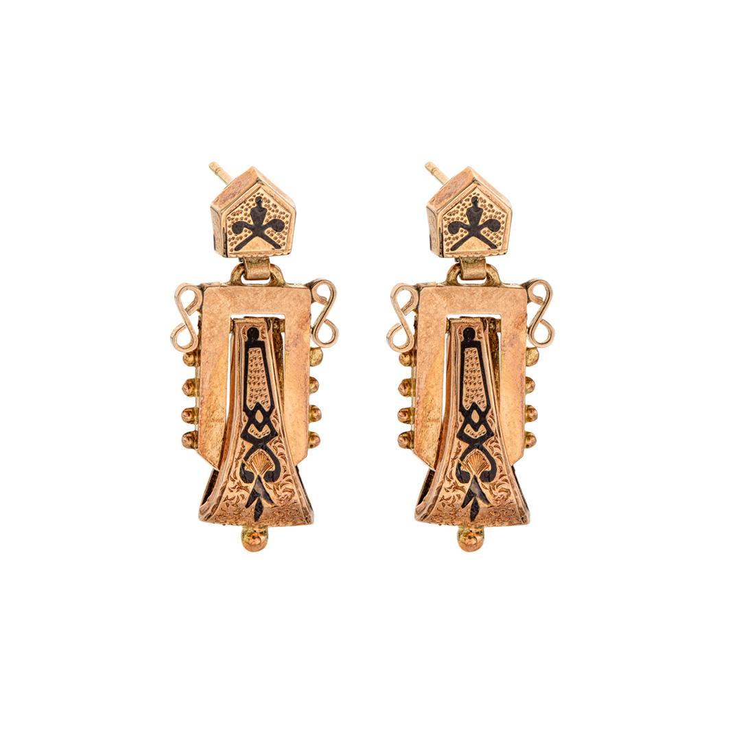Estate Collection Yellow Gold and Enamel Geometric Earrings