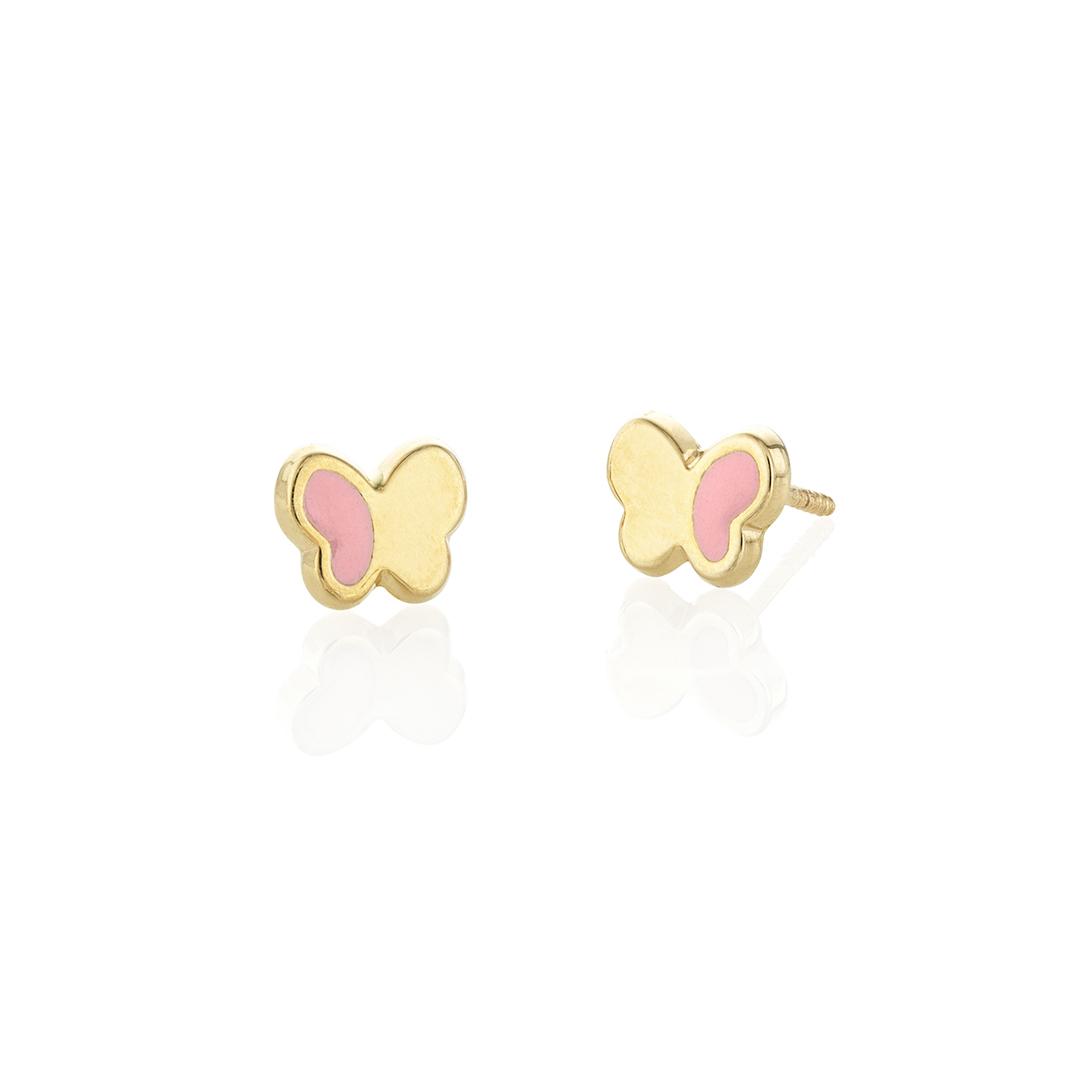 Child's 14k Yellow Gold and Pink Enamel Butterfly Earrings