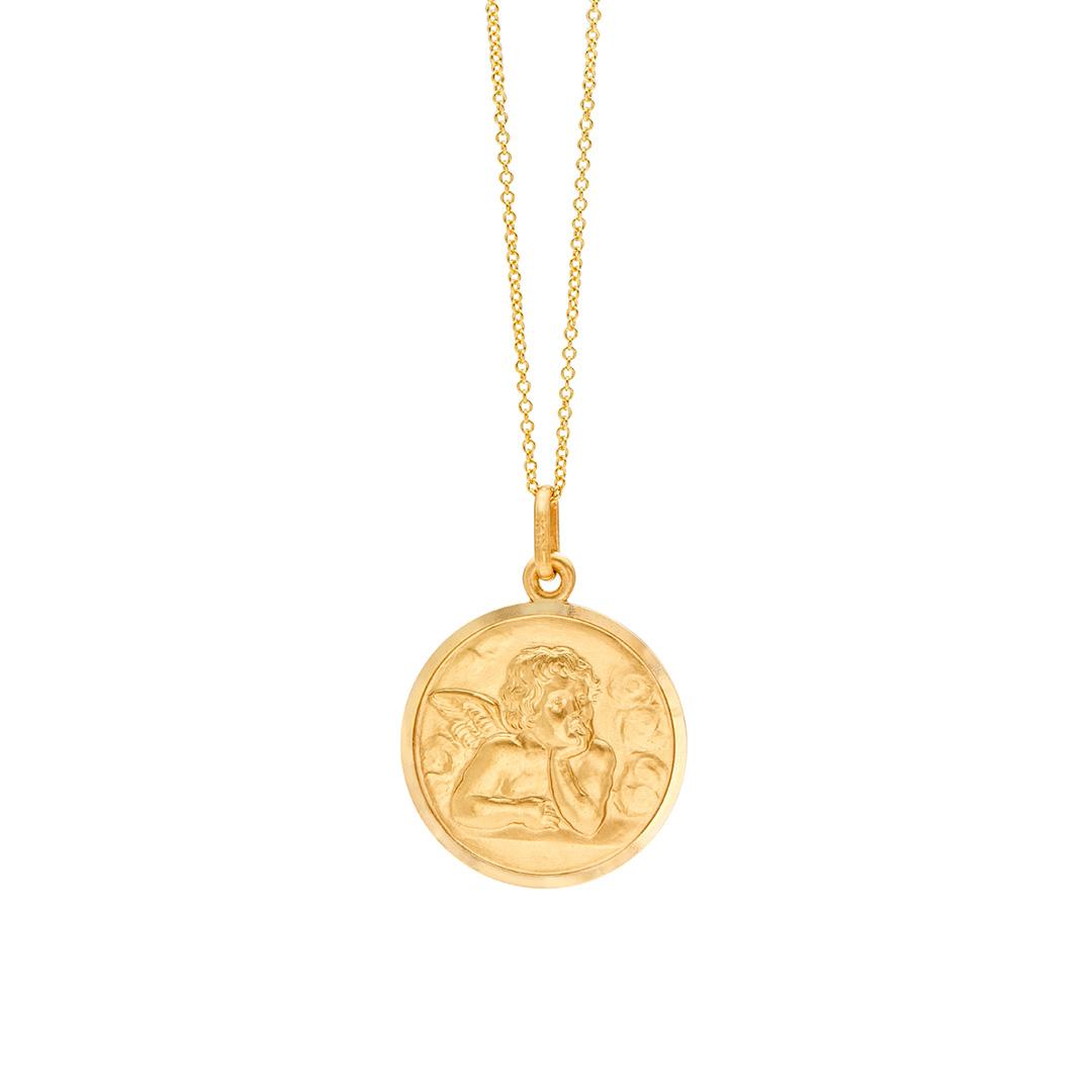 Cherub Disc Pendant Necklace in Yellow Gold, 21mm