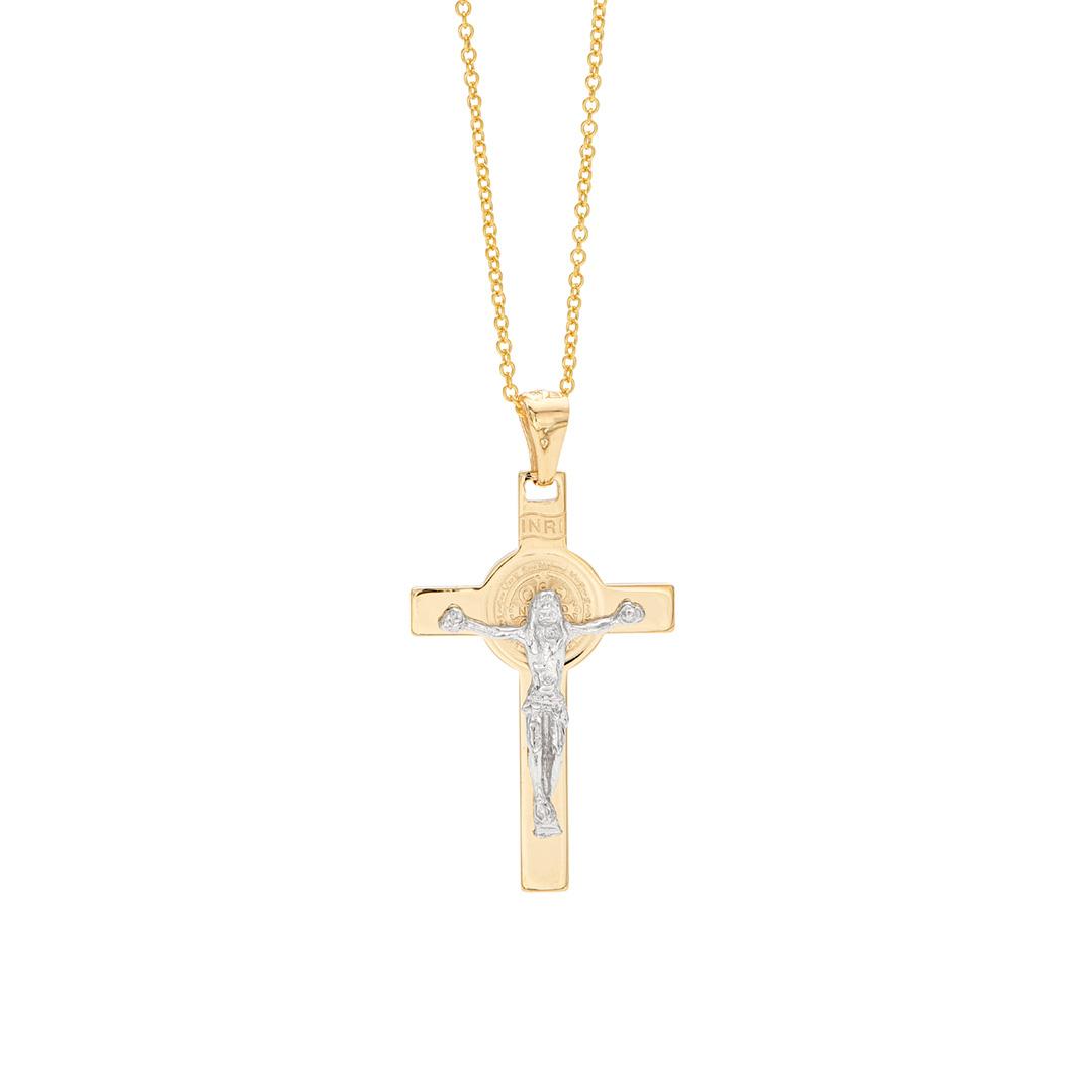 14k Two-Tone St. Benedict Medal Crucifix Cross Pendant Necklace 0