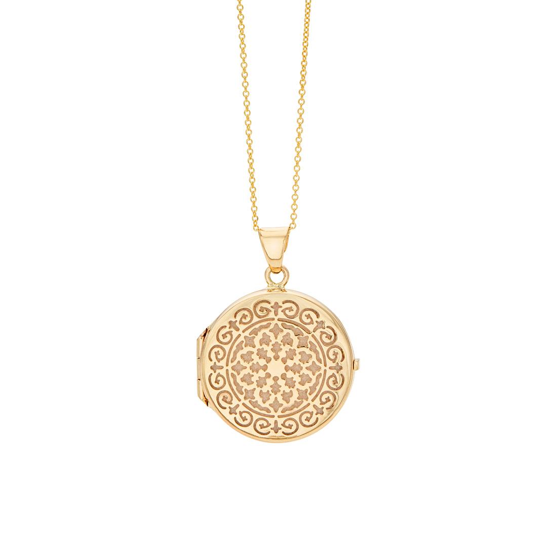 Round Gold Locket Necklace with Decorative Cutouts, 24mm