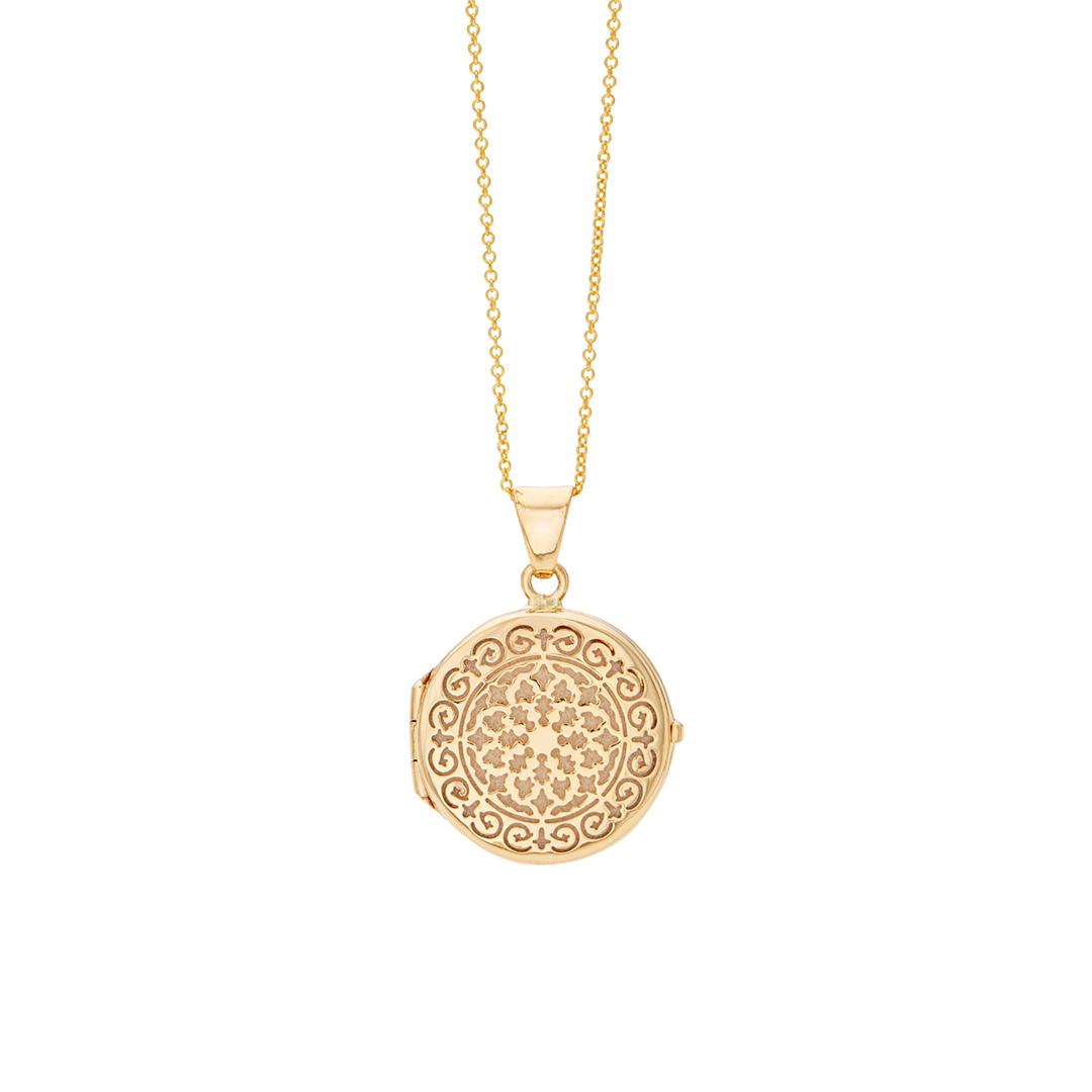 Round Gold Locket Necklace with Decorative Cutouts, 20mm