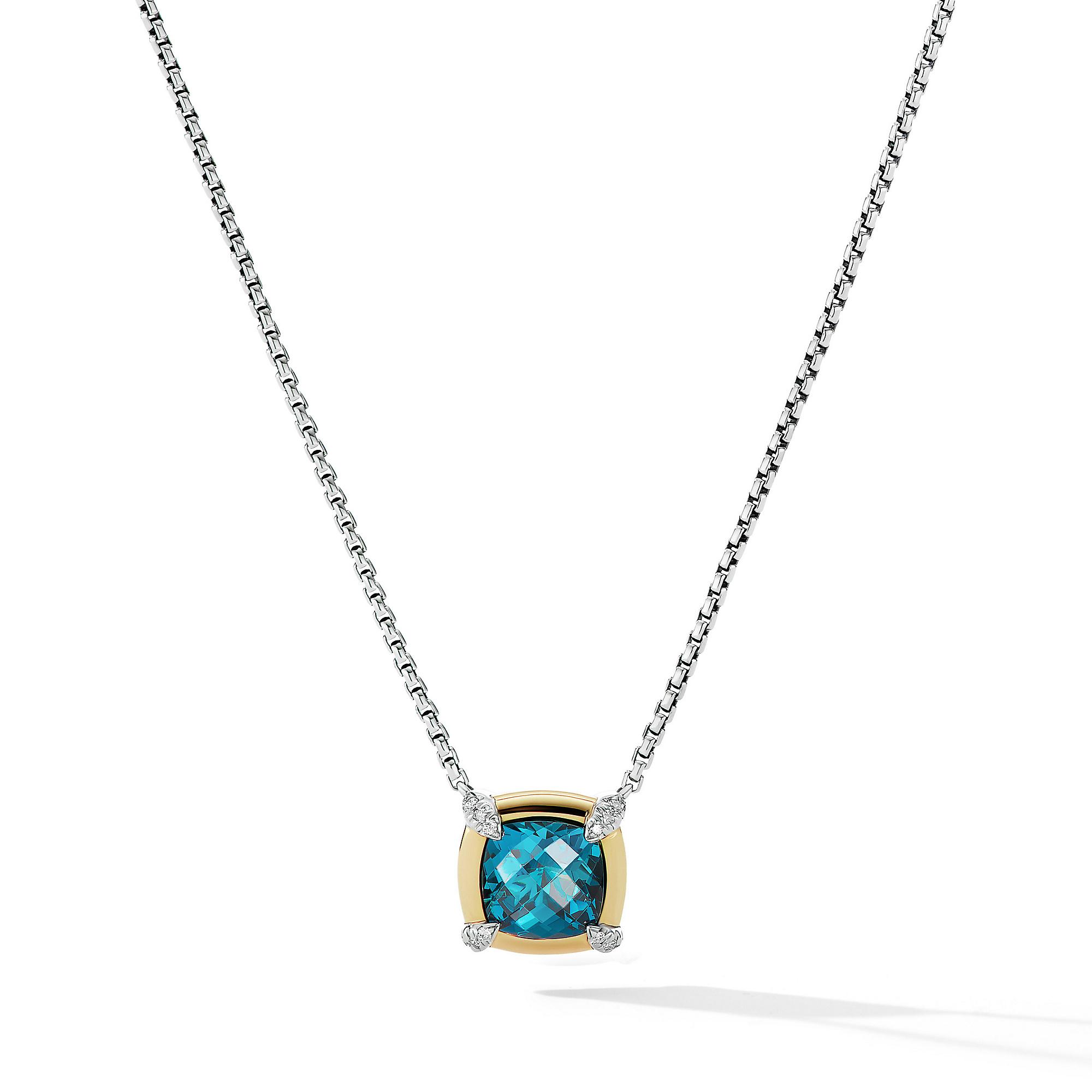 David Yurman Petite Chatelaine Pendant Necklace with Hampton Blue Topaz, 18k Yellow Gold Bezel and Pave Diamonds
